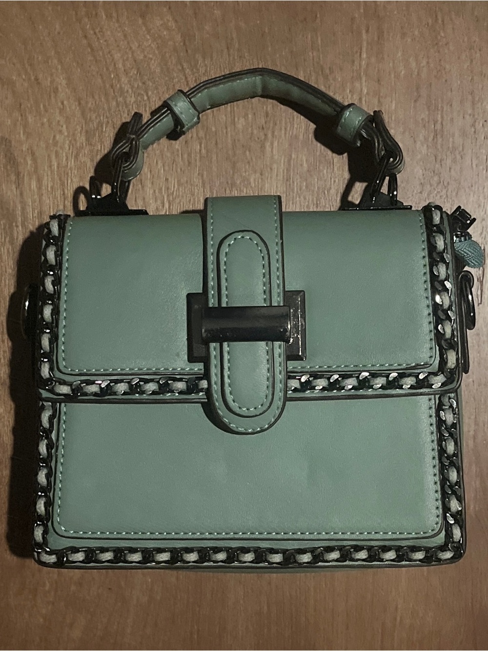 Sage Green Structured Mini Handbag with Chain Trim & Top Handle